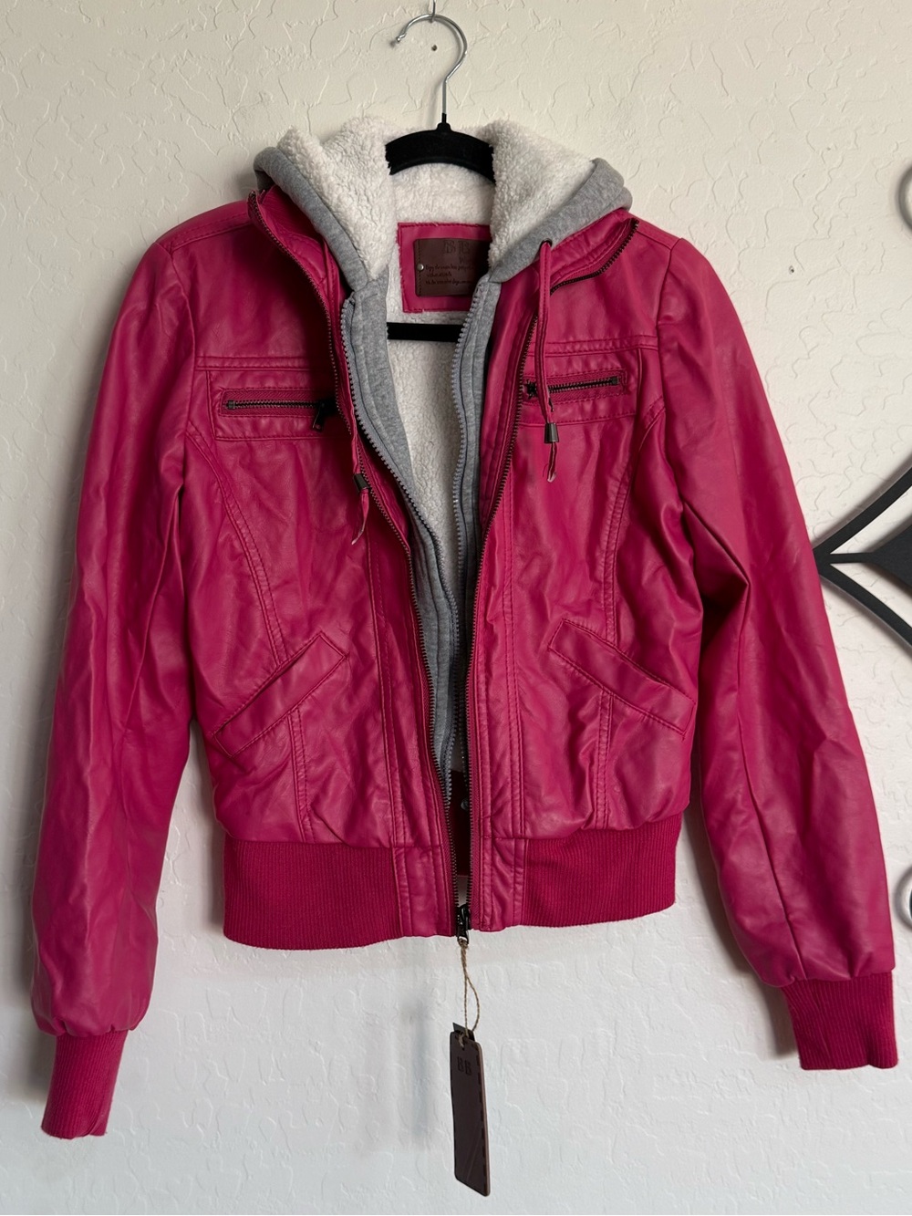 BB Winter Pink Faux Leather Hooded Bomber Jacket NWT Small - Picture 2 of 10